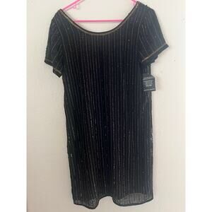 Boston Proper Black Striped Beaded Shift Dress Size 6 Party Cocktail